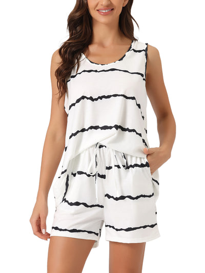 Women Striped Round Neck Sleeveless Shirt Shorts Pajama Set 2 Piece Sleepwear