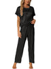 Womens Satin Pajamas Summer Outfits Short Sleeves Tops with Pants Silky Lounge Sets
