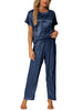 Womens Satin Pajamas Summer Outfits Short Sleeves Tops with Pants Silky Lounge Sets