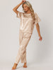 Womens Satin Pajamas Summer Outfits Short Sleeves Tops with Pants Silky Lounge Sets