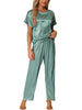 Womens Satin Pajamas Summer Outfits Short Sleeves Tops with Pants Silky Lounge Sets