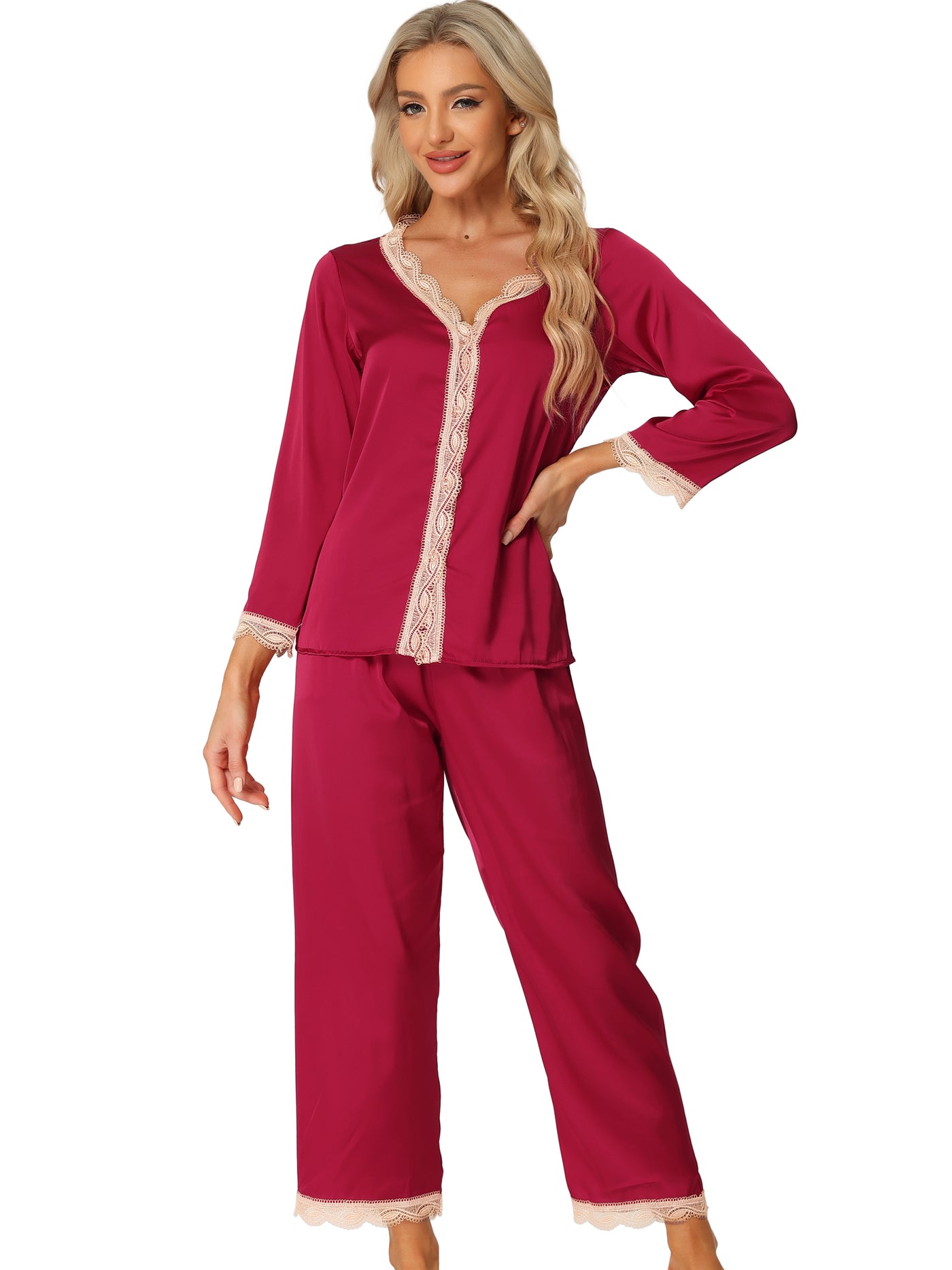 Bublédon Women's Satin Lounge Sleepwear Night Suits V Neck Lace Trim Pajama Sets