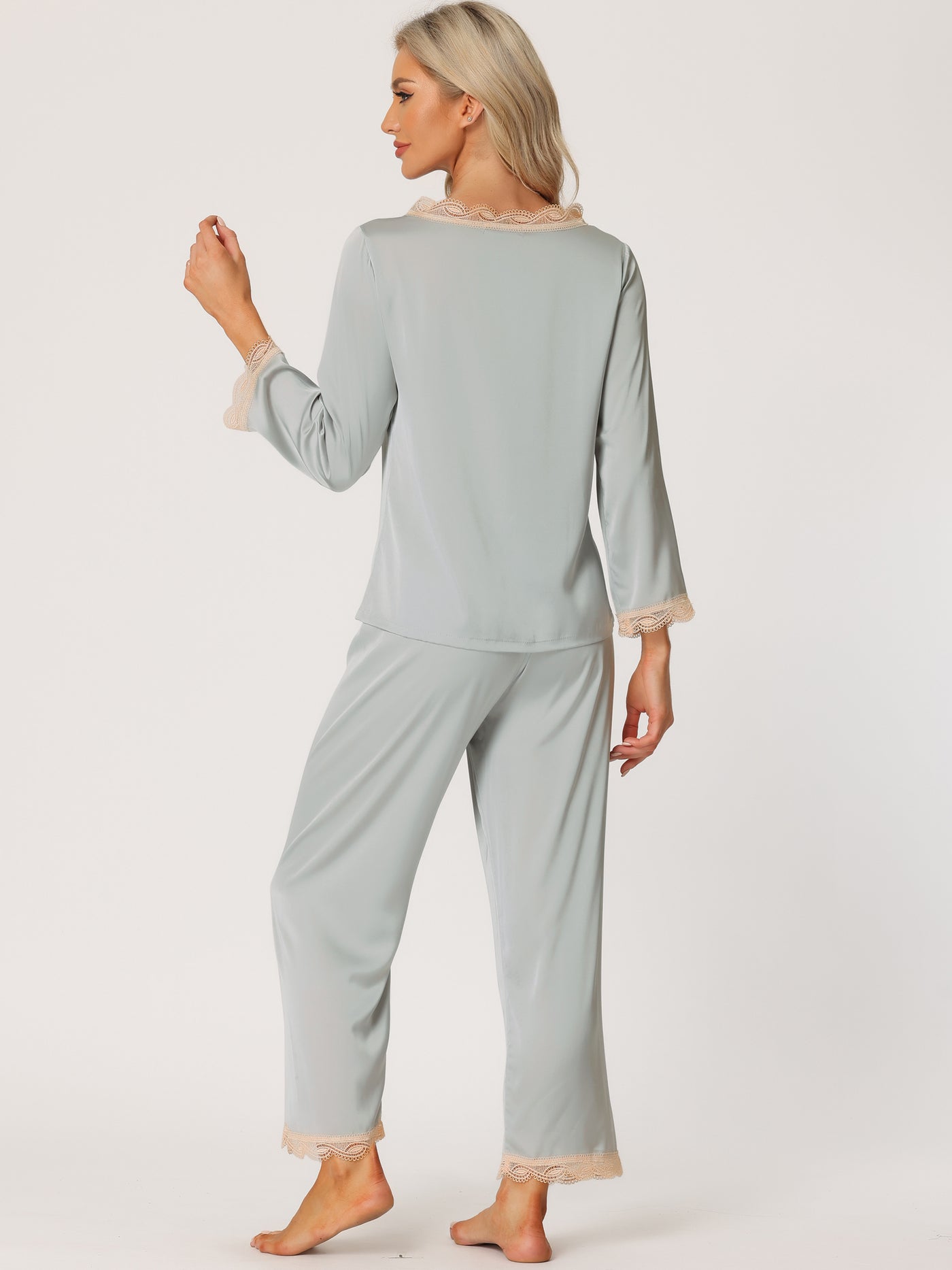 Bublédon Women's Satin Lounge Sleepwear Night Suits V Neck Lace Trim Pajama Sets