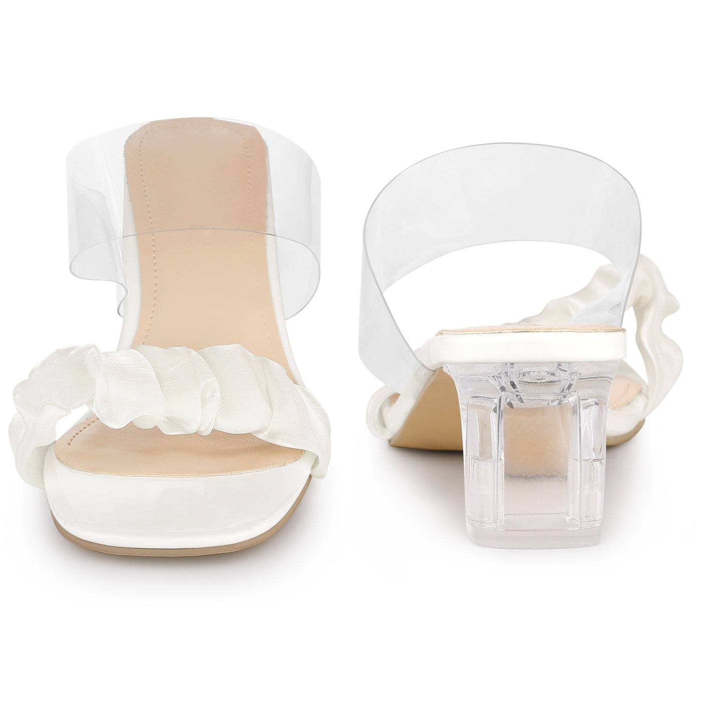 Bublédon Pleated Clear Strap Transparent Block Heel Slide Sandals for Women