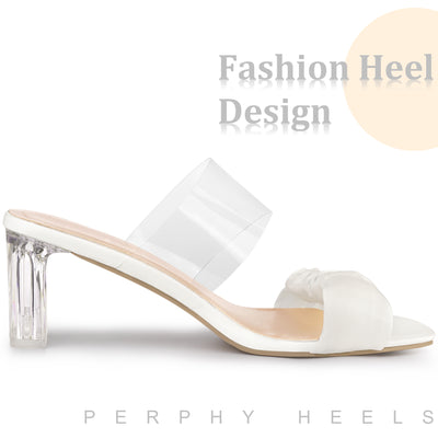 Pleated Clear Strap Transparent Block Heel Slide Sandals for Women