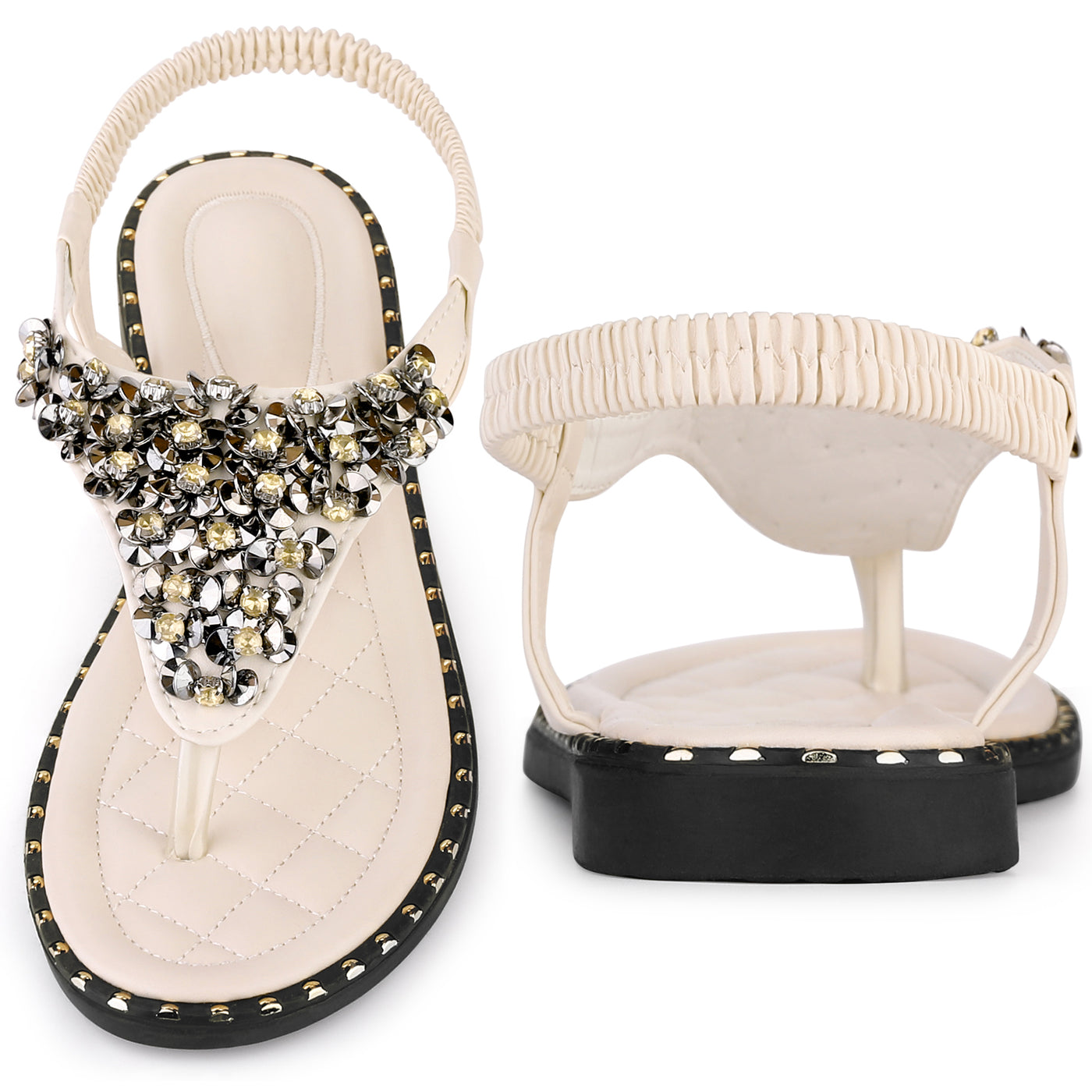 Bublédon Rhinestone Elastic T-Strap Bohemian Casual Dressy Sandals for Women