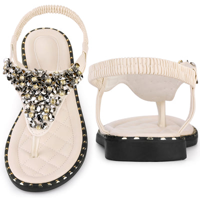Rhinestone Elastic T-Strap Bohemian Casual Dressy Sandals for Women