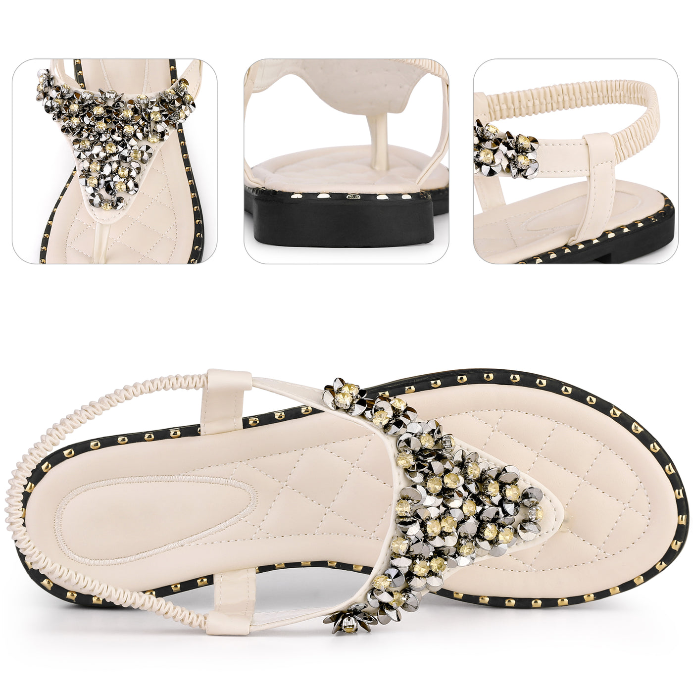 Bublédon Rhinestone Elastic T-Strap Bohemian Casual Dressy Sandals for Women