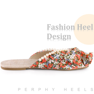Floral Printed Peep Toe Slip on Pearl Flat Slides Mules for Women