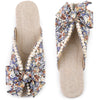 Floral Printed Peep Toe Slip on Pearl Flat Slides Mules for Women