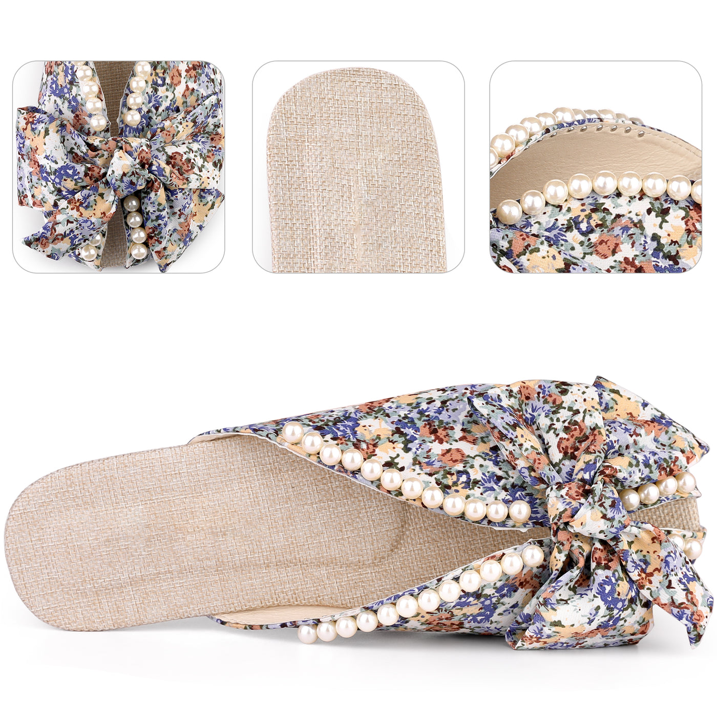 Bublédon Floral Printed Peep Toe Slip on Pearl Flat Slides Mules for Women