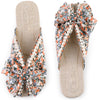 Floral Printed Peep Toe Slip on Pearl Flat Slides Mules for Women