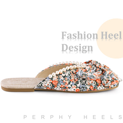 Floral Printed Peep Toe Slip on Pearl Flat Slides Mules for Women