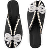 Floral Printed Peep Toe Slip on Pearl Flat Slides Mules for Women