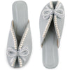 Floral Printed Peep Toe Slip on Pearl Flat Slides Mules for Women