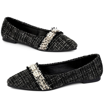 Pearl Decor Pointy Toe Tweed Plaid Flat Pumps for Women