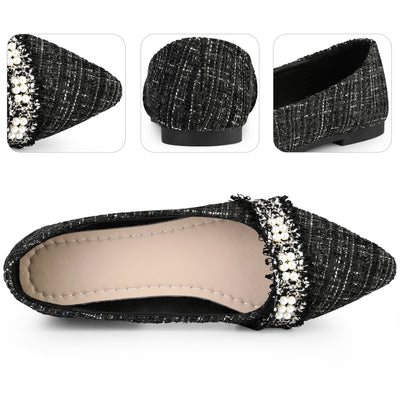 Pearl Decor Pointy Toe Tweed Plaid Flat Pumps for Women