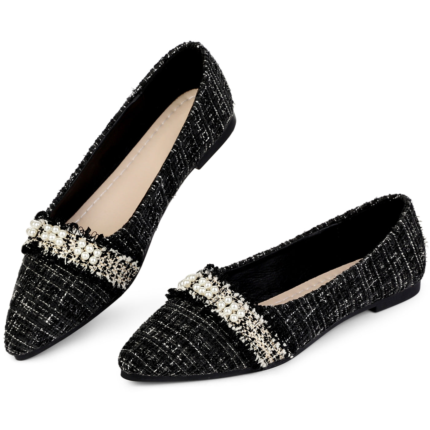 Bublédon Pearl Decor Pointy Toe Tweed Plaid Flat Pumps for Women