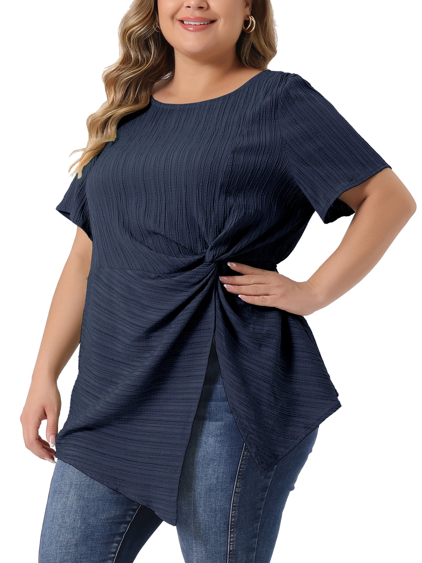Bublédon Plus Size Tops for Women Asymmetrical Hem Round Neck Short Sleeve Twist Knot T Shirt Top