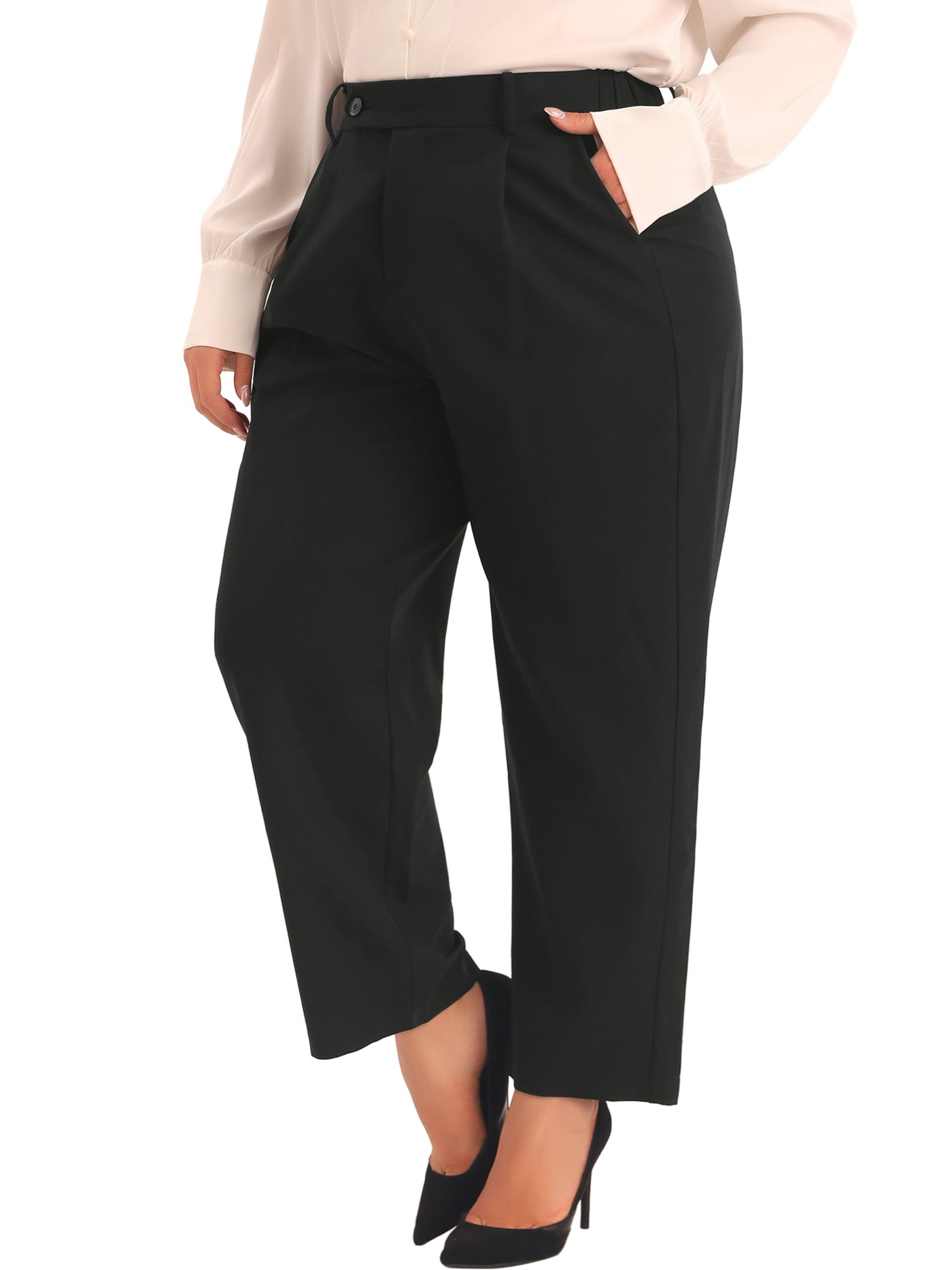 Bublédon Plus Size High Elastic Waisted Business Work Trousers Long Straight Suit Pants with Pocket