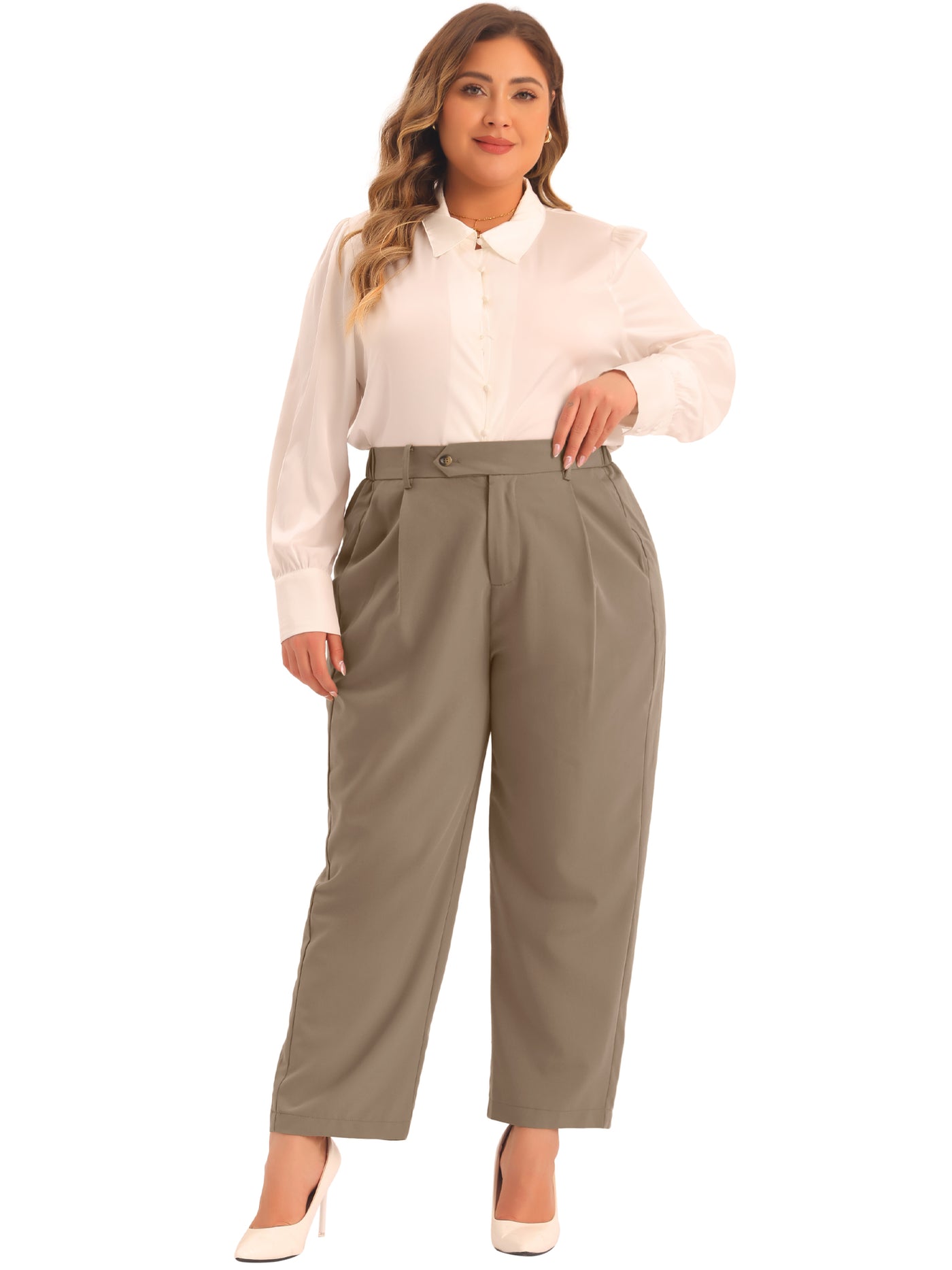 Bublédon Plus Size High Elastic Waisted Business Work Trousers Long Straight Suit Pants with Pocket