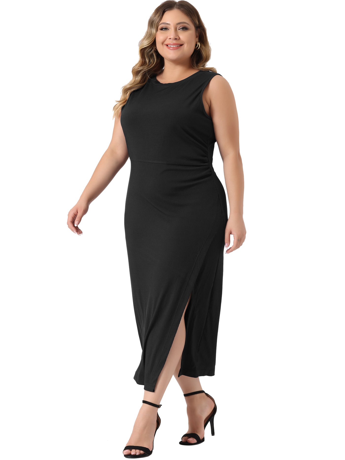 Bublédon Plus Size Bodycon Dress for Women Elegant Knit Slit Tank Midi Ruched Sleeveless Summer Dresses