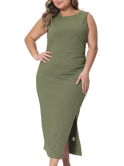 Plus Size Bodycon Dress for Women Elegant Knit Slit Tank Midi Ruched Sleeveless Summer Dresses