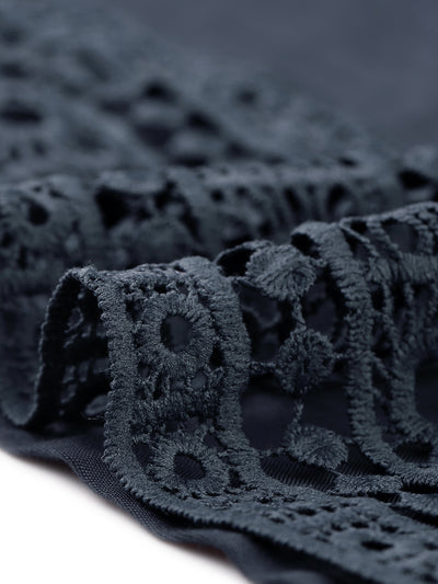 Plus Size Solid Color Hollow Out Lace Crochet Crew Neck Side Split Blouse