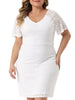 Plus Size Elegant V Neck Short Sleeves Cocktail Wedding Guest Bodycon Lace Pencil Dress