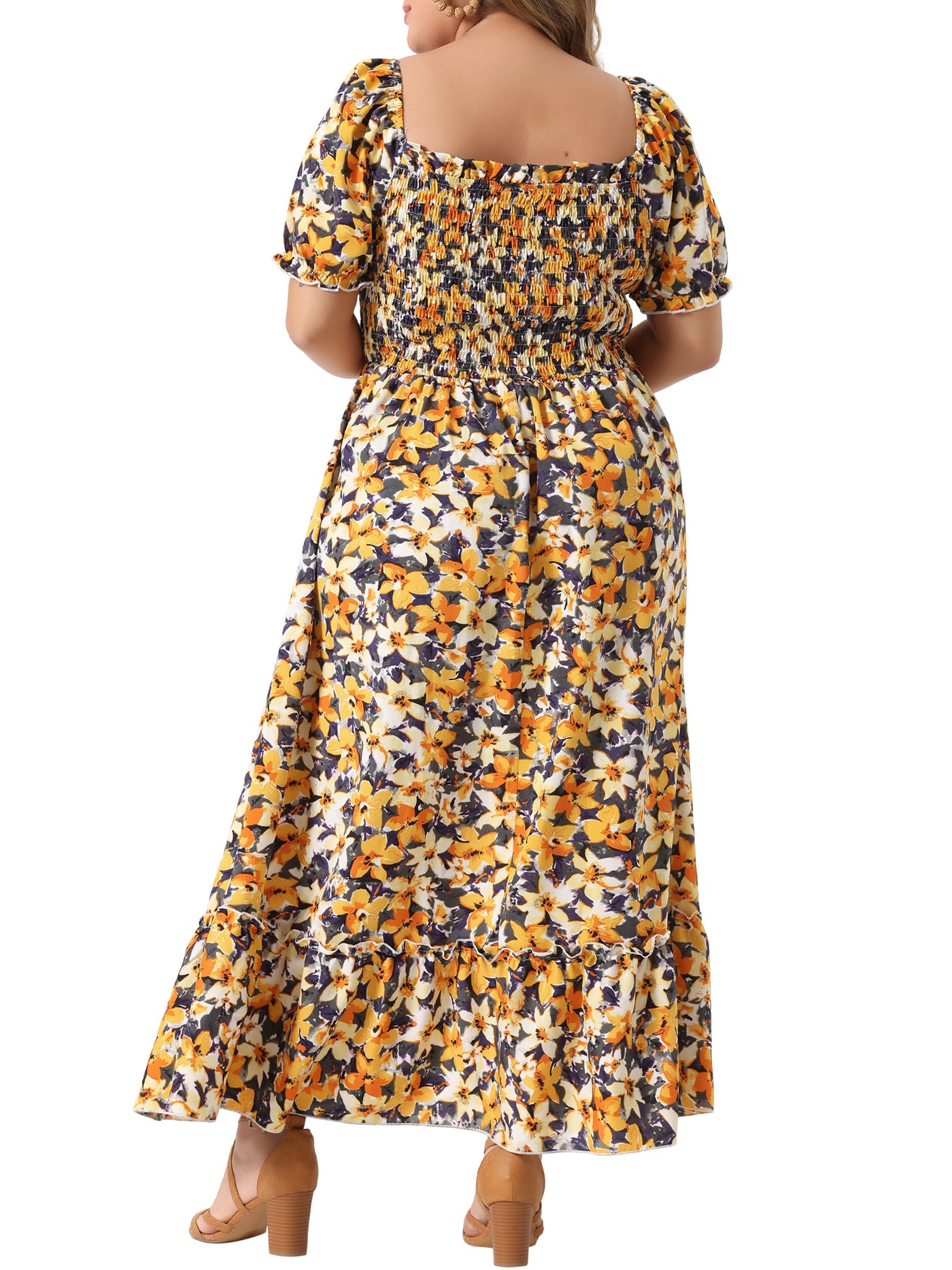 Bublédon Plus Size Short Sleeve Square Neck Maxi Floral Dress