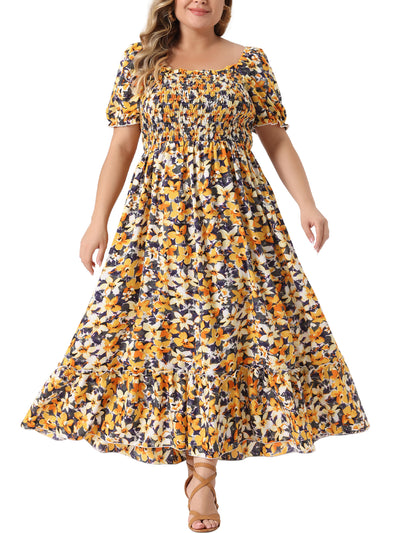 Plus Size Short Sleeve Square Neck Maxi Floral Dress