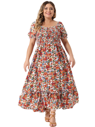 Plus Size Short Sleeve Square Neck Maxi Floral Dress