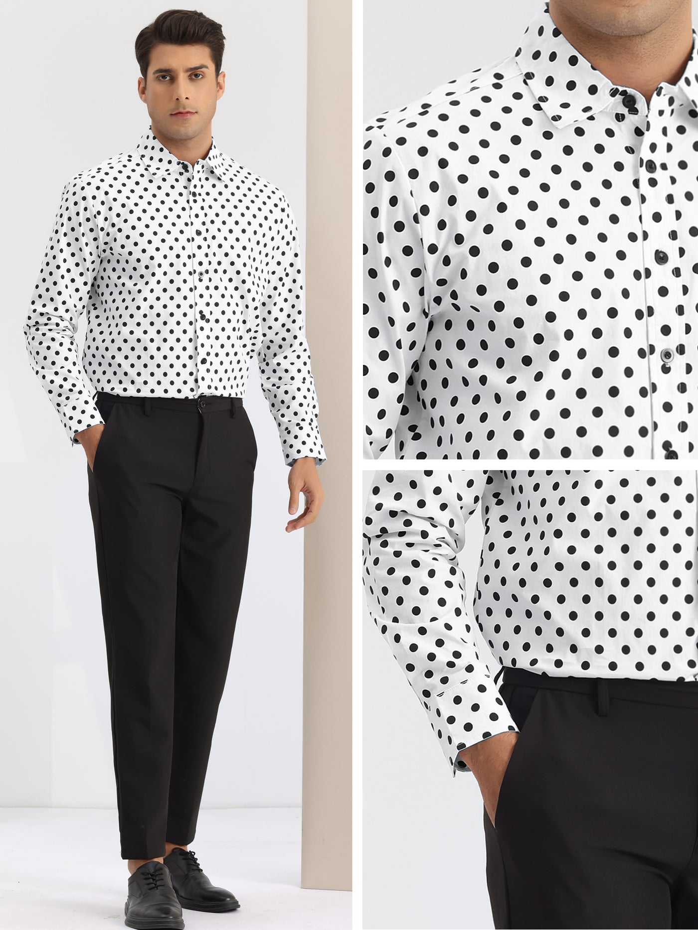 Bublédon Polka Dots Pattern Shirt for Men's Long Sleeves Color Block Business Shirts