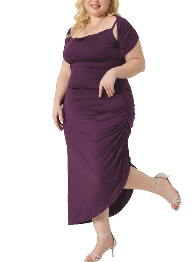 Plus Size Bodycon Dress for Women Spaghetti Strap Cowl Neck Ruched Party Cami Dresses with Shawl