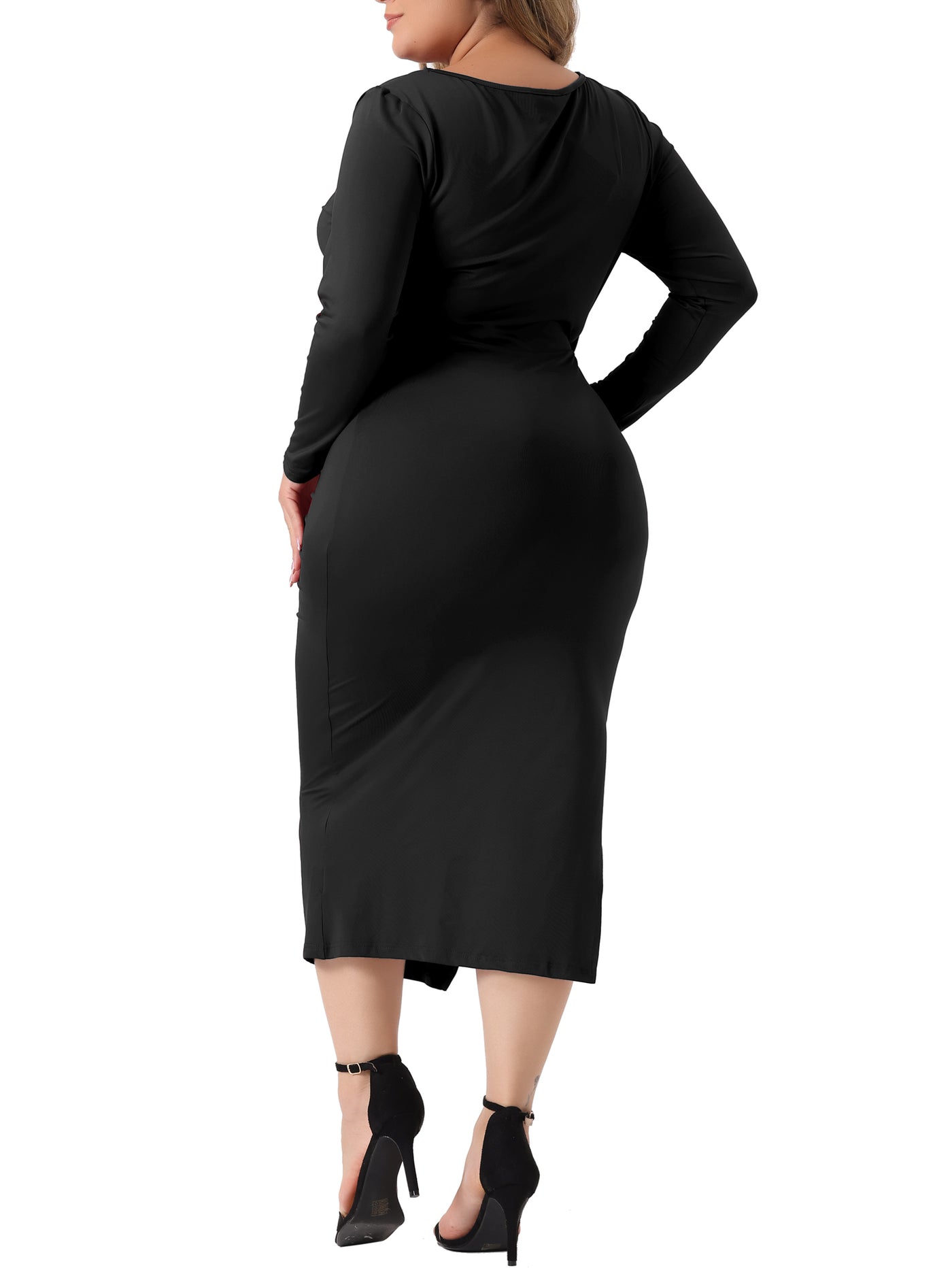 Bublédon Plus Size Dress for Women Long Sleeve Crew Neck Side Slit Ruched Bodycon Dresses