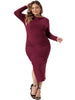 Plus Size Dress for Women Long Sleeve Crew Neck Side Slit Ruched Bodycon Dresses