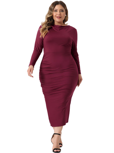 Plus Size Dress for Women Long Sleeve Crew Neck Side Slit Ruched Bodycon Dresses