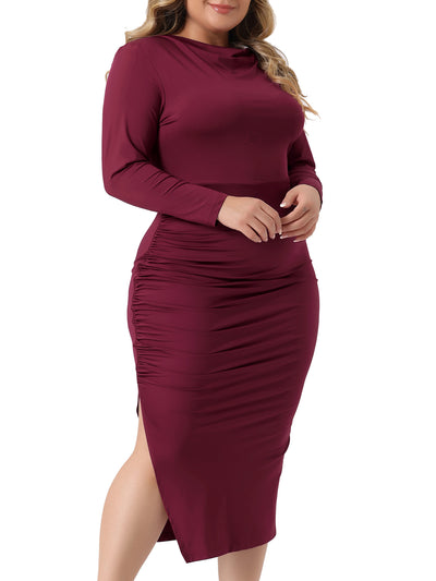 Plus Size Dress for Women Long Sleeve Crew Neck Side Slit Ruched Bodycon Dresses