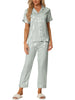 Womens Satin Striped Button Down Sleepwear Short Sleeve Long Pants Pajama Set