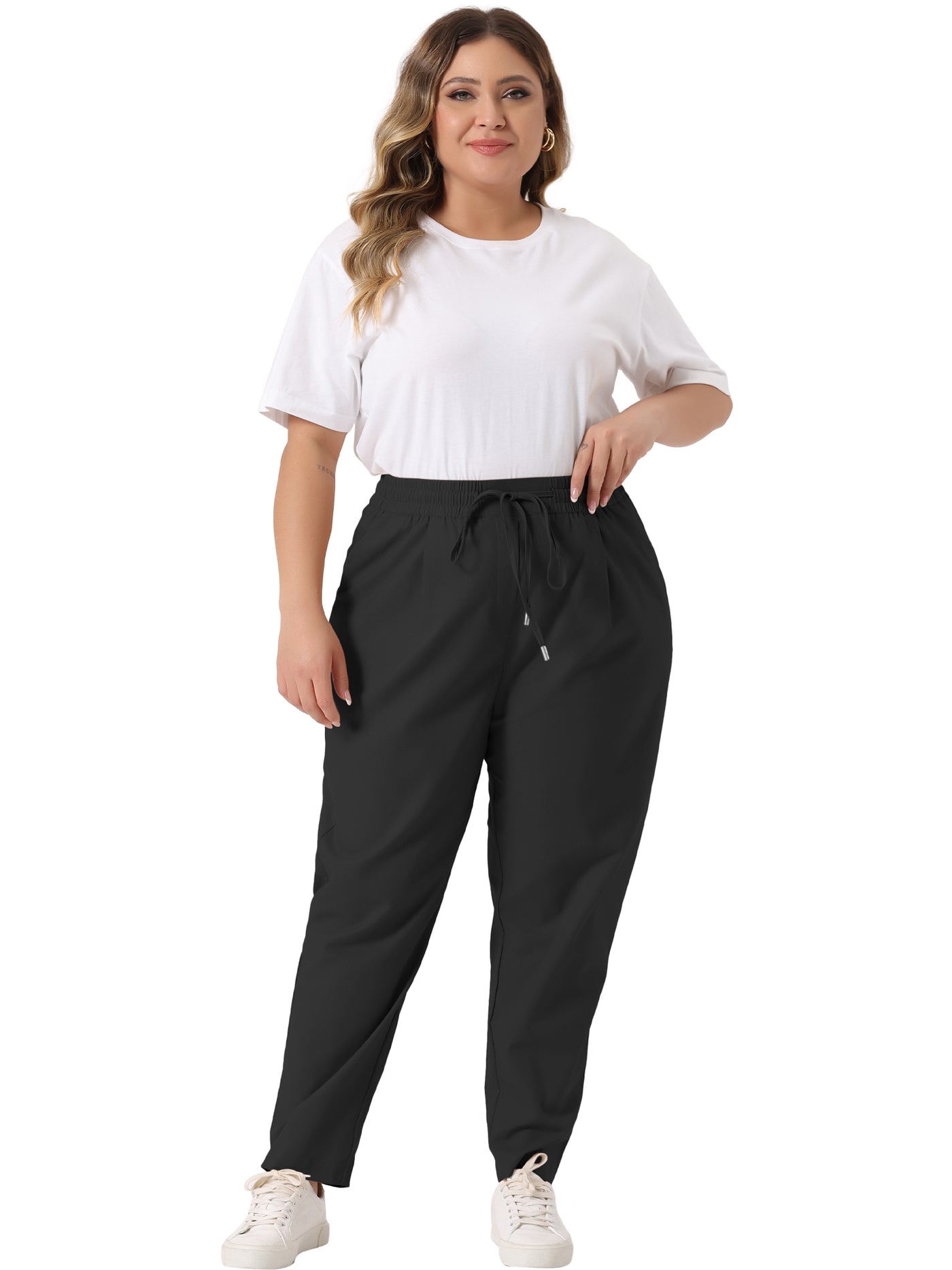 Bublédon Plus Size Pants for Women Straight Leg Drawstring Elastic Loose Comfy Trousers with Pockets