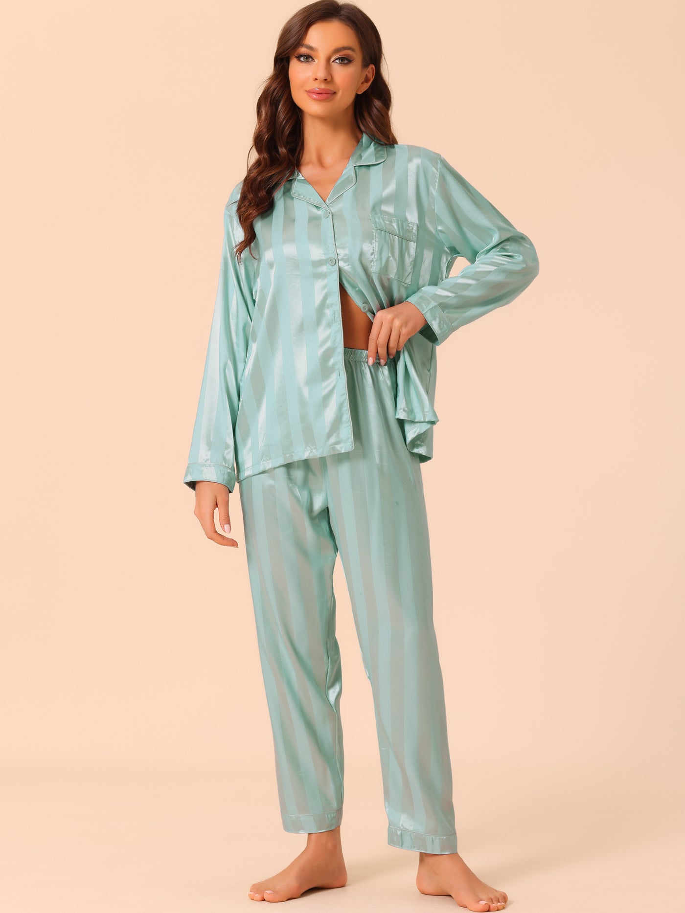 Bublédon Womens Satin Sleepwear Soft Button Down Nightwear with Pants Pajama Set