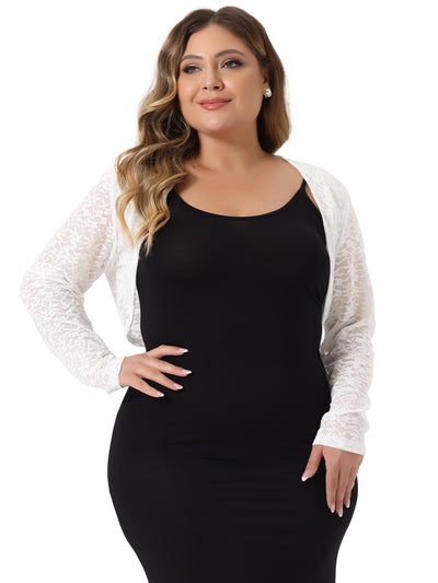 Plus Size Sheer Open Front Cropped Long Sleeve Lace Shrug