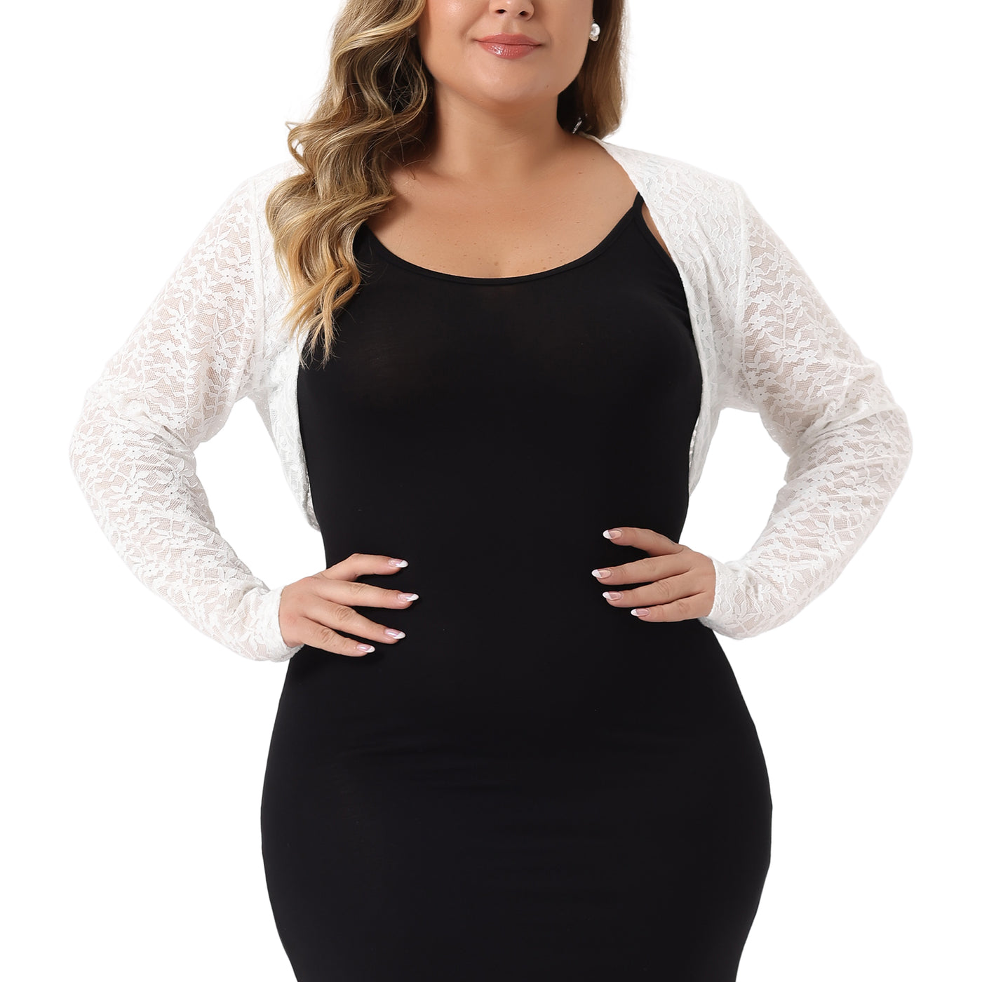 Bublédon Plus Size Sheer Open Front Cropped Long Sleeve Lace Shrug