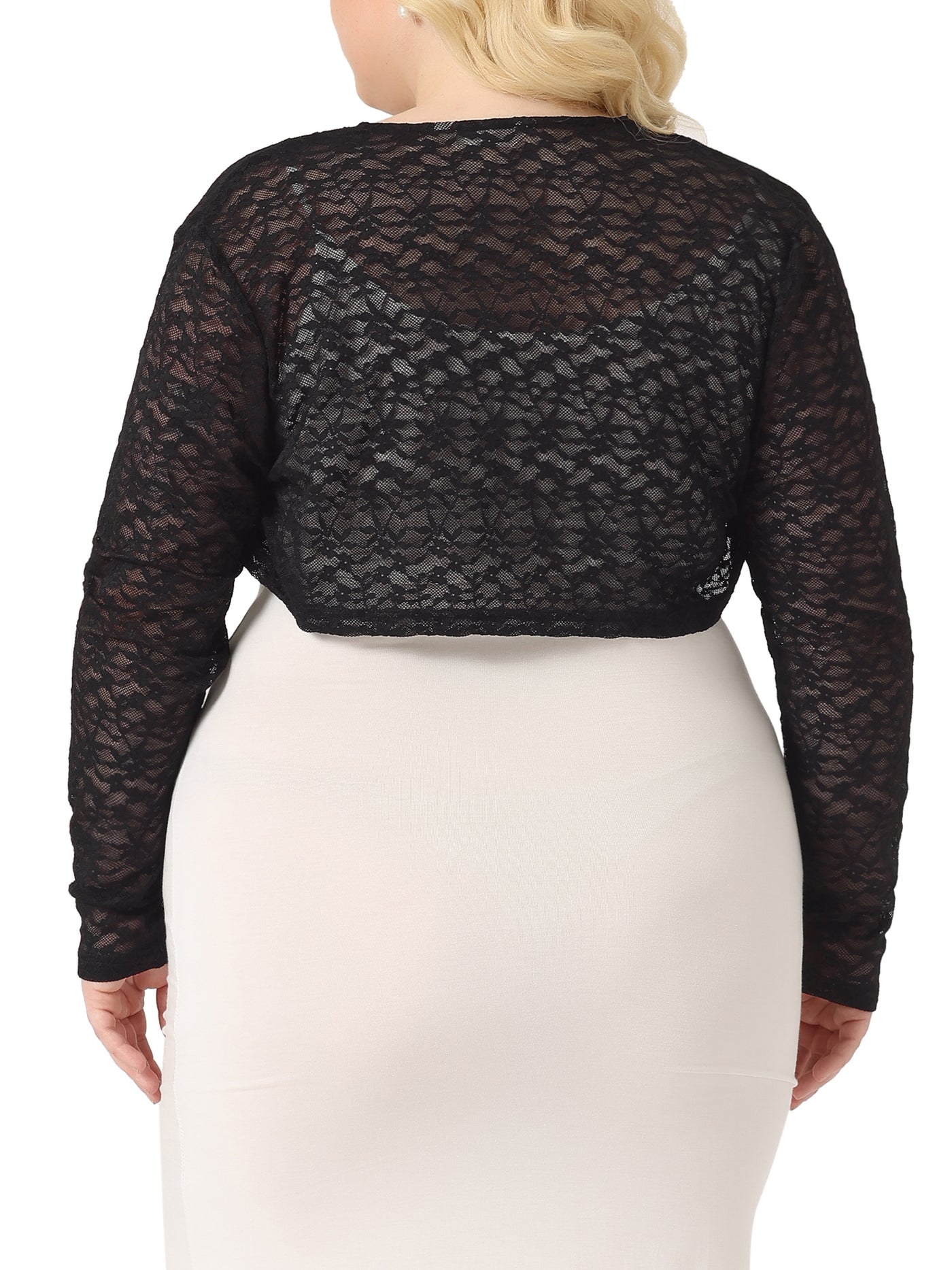 Bublédon Plus Size Sheer Open Front Cropped Long Sleeve Lace Shrug