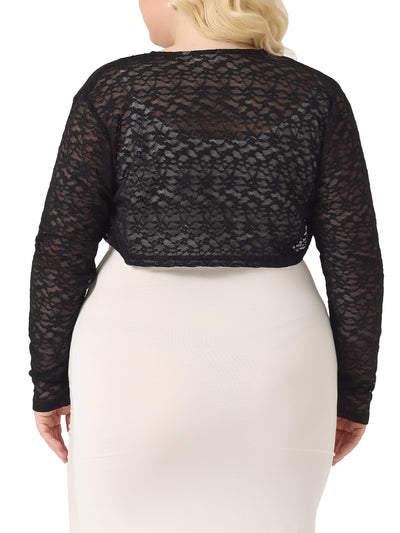 Plus Size Sheer Open Front Cropped Long Sleeve Lace Shrug