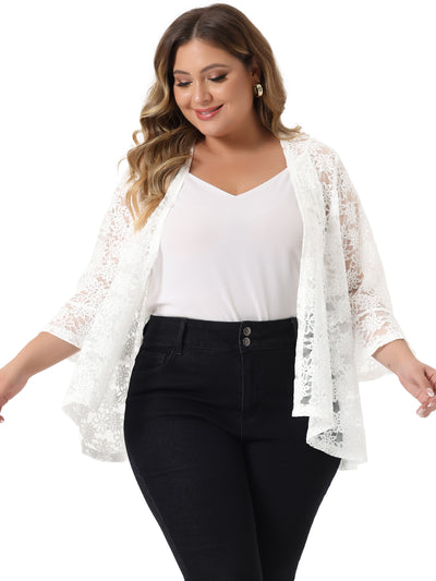 Bublédon Plus Size Open Front 3/4 Sleeve Sheer Casual Lace Cover Up