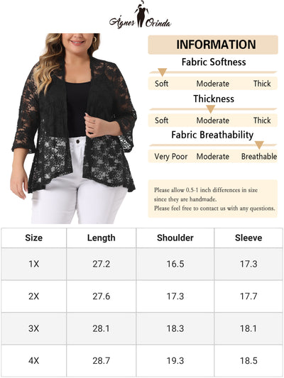 Plus Size Open Front 3/4 Sleeve Sheer Casual Lace Cover Up