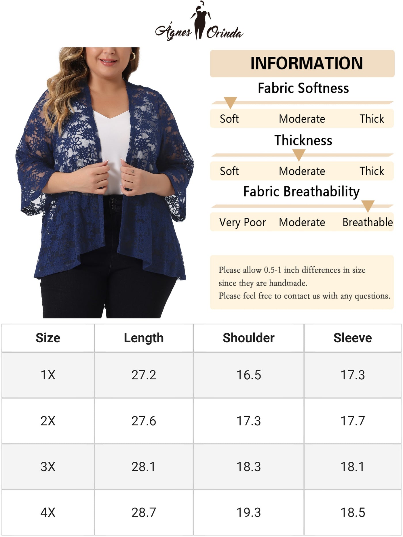 Bublédon Plus Size Open Front 3/4 Sleeve Sheer Casual Lace Cover Up