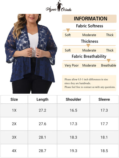Plus Size Open Front 3/4 Sleeve Sheer Casual Lace Cover Up