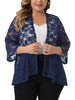 Plus Size Open Front 3/4 Sleeve Sheer Casual Lace Cover Up